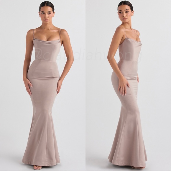 HOUSE OF CB Violette Mushroom Satin Fishtail Gown - Picture 3 of 11